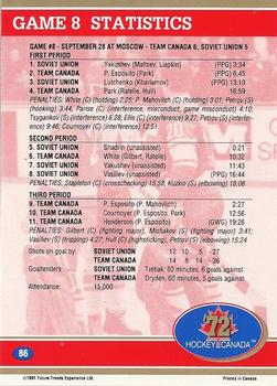 1991-92 Future Trends Canada ’72 #86 Peace / Game 8 Statistics Back