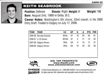 2009-10 Choice AHL Top Prospects #2 Keith Seabrook Back