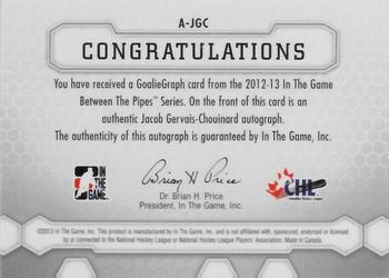 2012-13 In The Game Between The Pipes - Authentic Goaliegraphs #A-JGC Jacob Gervais-Chouinard Back