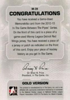 2012-13 In The Game Between The Pipes - Jerseys Gold #M-39 Manny Legace Back