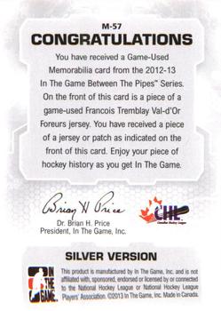 2012-13 In The Game Between The Pipes - Jerseys Silver #M-57 Francois Tremblay Back