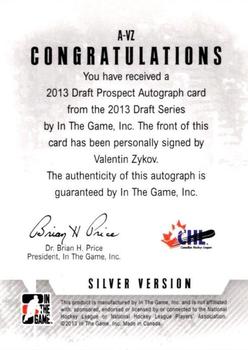 2012-13 In The Game Draft Prospects - Autographs Silver #A-VZ Valentin Zykov Back