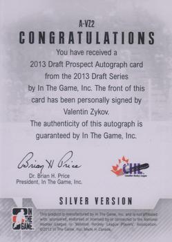 2012-13 In The Game Draft Prospects - Autographs Silver #A-VZ2 Valentin Zykov Back