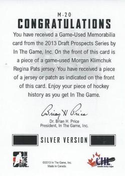 2012-13 In The Game Draft Prospects - Game-Used Jerseys Silver #M-20 Morgan Klimchuk Back