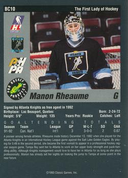 1993 Classic Pro Prospects - Bonus Cards #BC10 Manon Rheaume Back