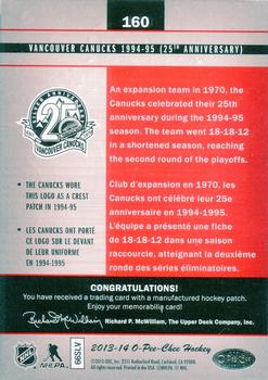2013-14 O-Pee-Chee - Team Logo Patches #160 Vancouver Canucks 1994-95 (25th Anniversary) Back