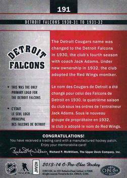 2013-14 O-Pee-Chee - Team Logo Patches #191 Detroit Falcons 1930-31 to 1931-32 (Primary) Back