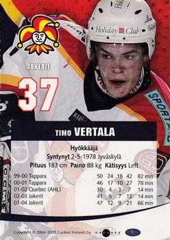 2004-05 Cardset Finland - Autographs #57 Timo Vertala Back