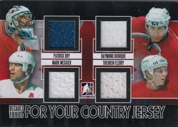 2013-14 In The Game Decades 1990s - For Your Country Quad Jerseys Black #FYCJ-02 Patrick Roy / Raymond Bourque / Mark Messier / Theoren Fleury Front