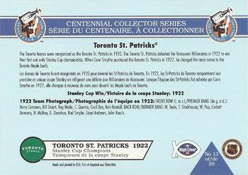 1992-93 High Liner Stanley Cup #13 Toronto St. Patricks Back