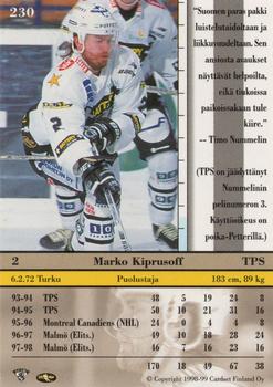 1998-99 Cardset Finland #230 Marko Kiprusoff Back