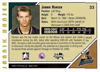 2007-08 In The Game Heroes and Prospects #33 Jannik Hansen Back