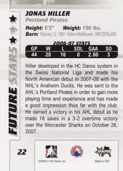 2007-08 In The Game Between the Pipes #22 Jonas Hiller Back
