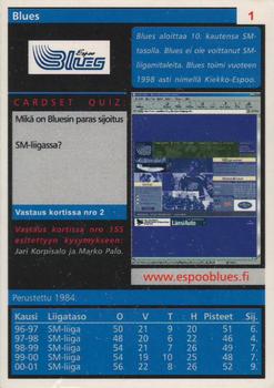 2001-02 Cardset Finland #1 Espoo Blues Back