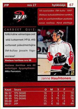 2001-02 Cardset Finland #67 Janne Hauhtonen Back