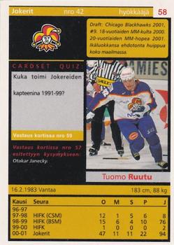 2001-02 Cardset Finland - Autographed #58 Tuomo Ruutu Back