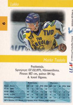 1994-95 Leaf Sisu SM-Liiga (Finnish) #6 Marko Tuulola Back