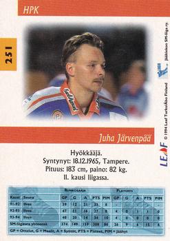 1994-95 Leaf Sisu SM-Liiga (Finnish) #251 Juha Järvenpää Back