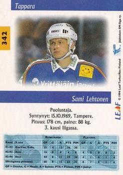 1994-95 Leaf Sisu SM-Liiga (Finnish) #342 Sami Lehtonen Back