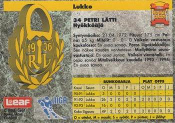 1993-94 Leaf Sisu SM-Liiga (Finnish) #204a Petri Lätti Back