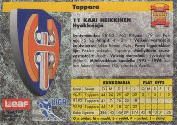 1993-94 Leaf Sisu SM-Liiga (Finnish) #70 Kari Heikkinen Back