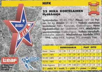1993-94 Leaf Sisu SM-Liiga (Finnish) #104 Mika Kortelainen Back