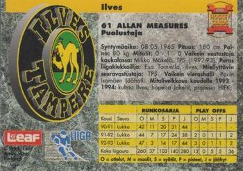 1993-94 Leaf Sisu SM-Liiga (Finnish) #119 Allan Measures Back