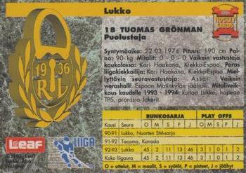 1993-94 Leaf Sisu SM-Liiga (Finnish) #188 Tuomas Grönman Back