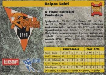 1993-94 Leaf Sisu SM-Liiga (Finnish) #284 Timo Kahelin Back