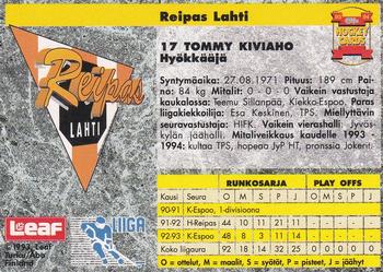1993-94 Leaf Sisu SM-Liiga (Finnish) #293 Tommy Kiviaho Back