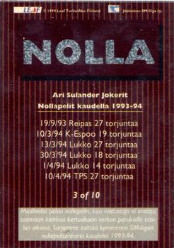 1994-95 Leaf Sisu SM-Liiga (Finnish) - Nollakortit #3 Ari Sulander Back