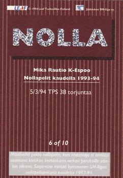 1994-95 Leaf Sisu SM-Liiga (Finnish) - Nollakortit #6 Mika Rautio Back