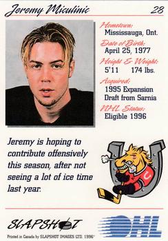 1995-96 Slapshot OHL #28 Jeremy Miculinic Back