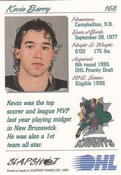 1995-96 Slapshot OHL #168 Kevin Barry Back
