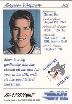 1995-96 Slapshot OHL #382 Stephen Valiquette Back