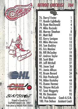 1995-96 Slapshot Memorial Cup #104 Detroit Checklist Back