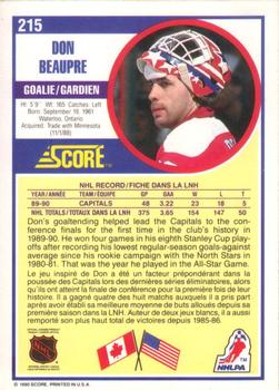 1990-91 Score Canadian #215 Don Beaupre Back