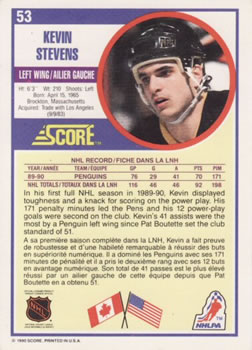 1990-91 Score Canadian #53 Kevin Stevens Back