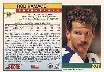 1991-92 Score Rookie and Traded #23T Rob Ramage Back