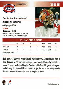 2003-04 In The Game Action - Cleveland National #359 Mathieu Garon Back