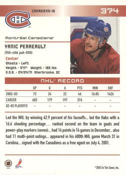 2003-04 In The Game Action - NHL All-Star FANtasy Team Sets #374 Yanic Perreault Back