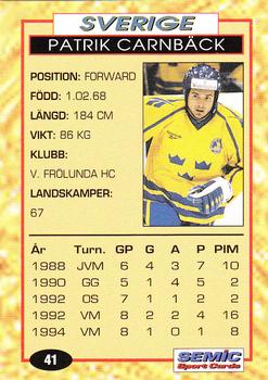 1995 Semic Globe VM (Swedish) #41 Patrik Carnback Back