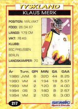 1995 Semic Globe VM (Swedish) #217 Klaus Merk Back