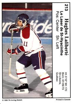 1990-91 7th Inning Sketch QMJHL #213 Hugues Laliberte Back