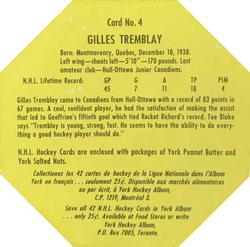 1961-62 York Peanut Butter (Yellow Back) #4 Gilles Tremblay Back