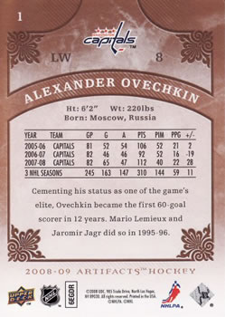 2008-09 Upper Deck Artifacts #1 Alexander Ovechkin Back