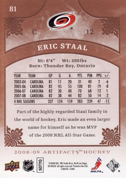 2008-09 Upper Deck Artifacts #81 Eric Staal Back