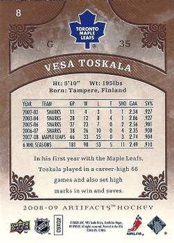 2008-09 Upper Deck Artifacts #8 Vesa Toskala Back