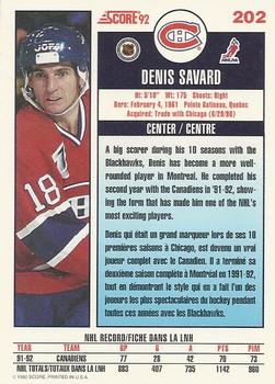1992-93 Score Canadian #202 Denis Savard Back