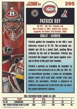 1992-93 Score Canadian #295 Patrick Roy Back